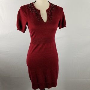 LOFT | Beaded Short Sleeve Burgundy Sweater Dress